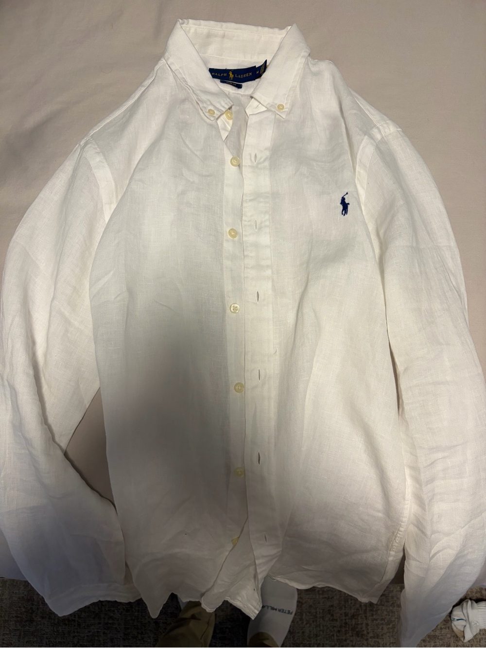 Ralph Lauren White Linen Slim Button-Down with Navy Pony